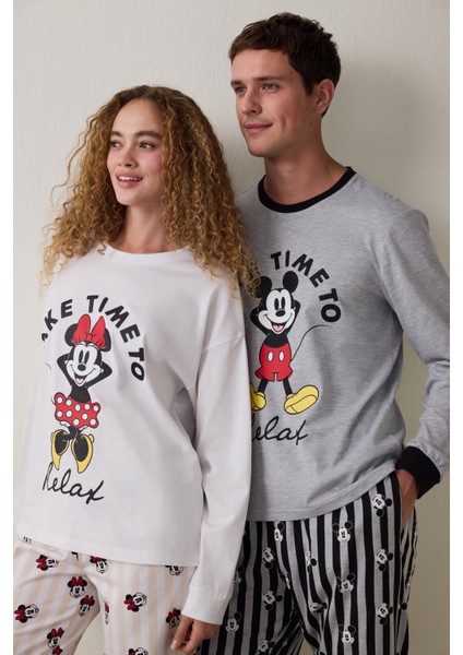 Optik Beyaz Mickey Mouse Baskılı Pamuklu Uzun Kollu Pijama Takımı