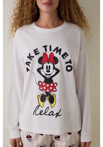 Optik Beyaz Mickey Mouse Baskılı Pamuklu Uzun Kollu Pijama Takımı