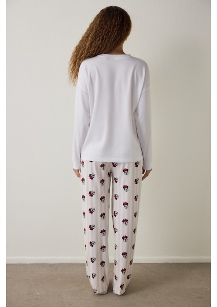 Optik Beyaz Mickey Mouse Baskılı Pamuklu Uzun Kollu Pijama Takımı