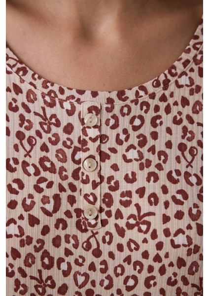 Bej Dreaming Leopar Desenli Bisiklet Yaka Uzun Kollu Pijama Üstü