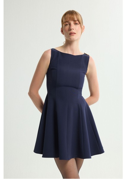 Gabardin Toka Detaylı Elbise Lacivert 124L9675000