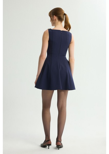 Gabardin Toka Detaylı Elbise Lacivert 124L9675000