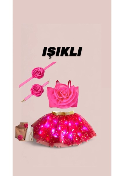 Pembe Tütü Yıldız Işıklı Etek Pembe Güllü Bluz Alt Üst Takımı Güllü Kolye Bileklik Seti Bayram Parti