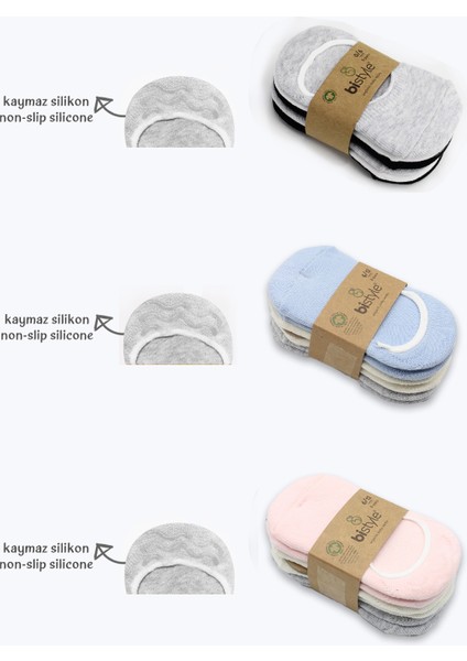 6lı Silikonlu Babet Penye Çorap 30101 Pembe Ekru Gri modelleri
