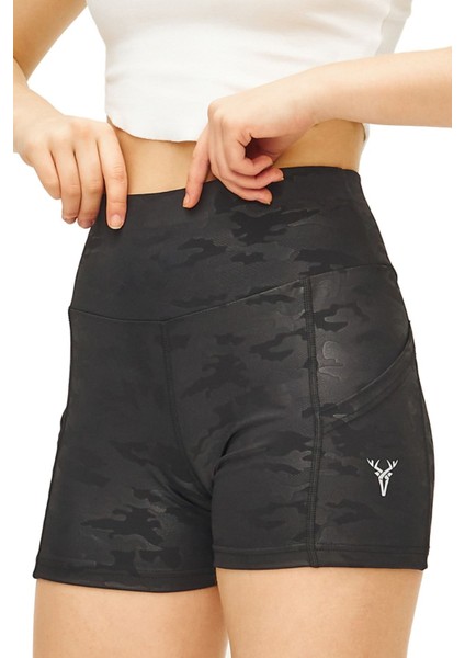 Kamuflaj Desenli Bisikletçi Şortu Yüksek Bel Esnek ve Toparlayıcı Kısa Spor Şort