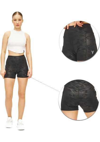 Kamuflaj Desenli Bisikletçi Şortu Yüksek Bel Esnek ve Toparlayıcı Kısa Spor Şort fırsatları