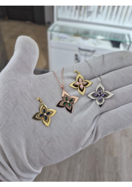 925 Ayar Papatya Silver Nano Zirkon Taşlı Lilyum Çiçeği Kolye.rose.gold.rodaj modelleri