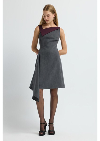 Asimetrik Volanlı Elbise Antrasit 12445675000