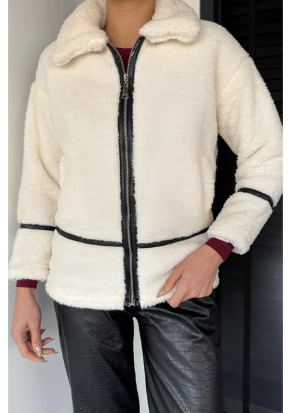 Kadın Şerit Detaylı Iç Astarlı Peluş Mont P-00019021
