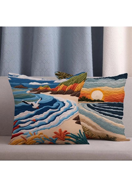 2 Li Kombin Nakış Desen Deniz Manzara Dijital Baskılı Kırlent Kılıfı