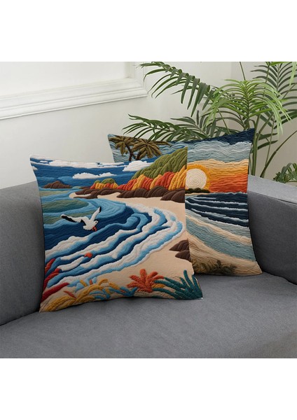 2 Li Kombin Nakış Desen Deniz Manzara Dijital Baskılı Kırlent Kılıfı fiyatları