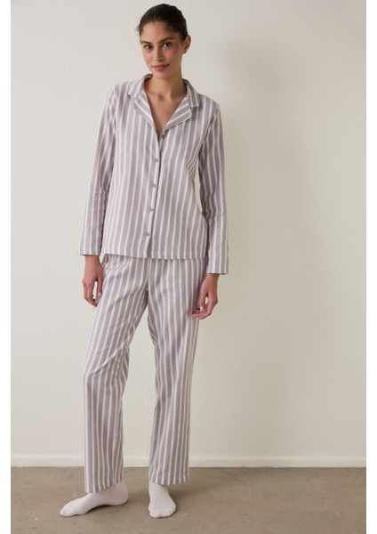 Bej Çizgili Uzun Kollu Pamuklu Gömlek Pantolon Pijama Takımı