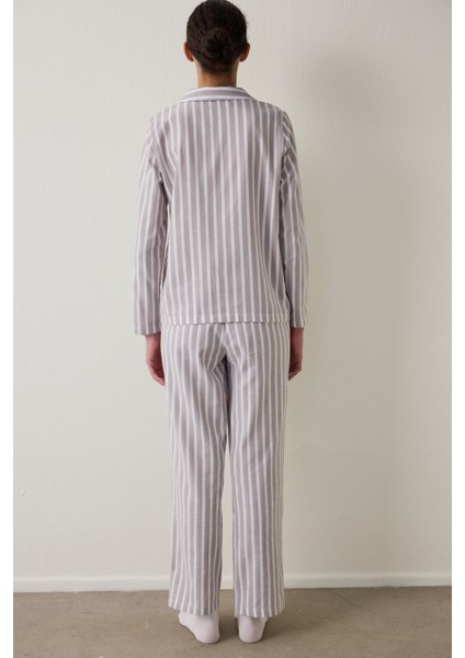 Bej Çizgili Uzun Kollu Pamuklu Gömlek Pantolon Pijama Takımı