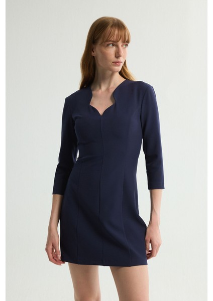 V Yaka 3/4 Kollu Elbise Lacivert 124L9733000