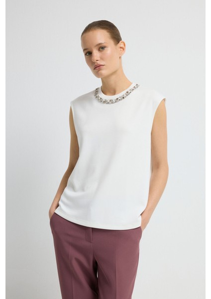 Taş Detaylı Kolsuz Bluz Kemik 11546053000