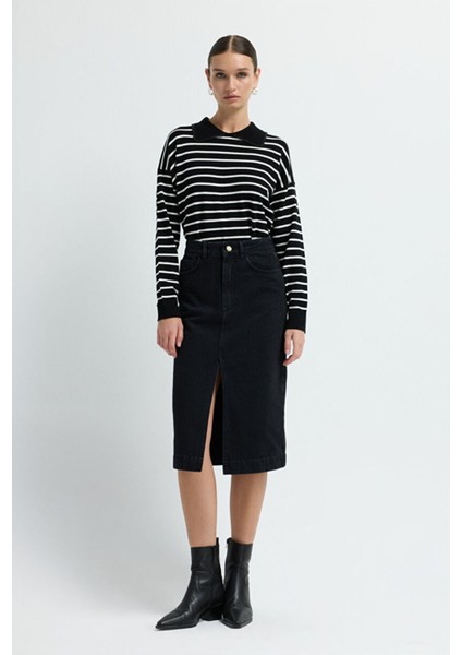 Önü Yırtmaçlı Denim Etek Siyah 12744445001