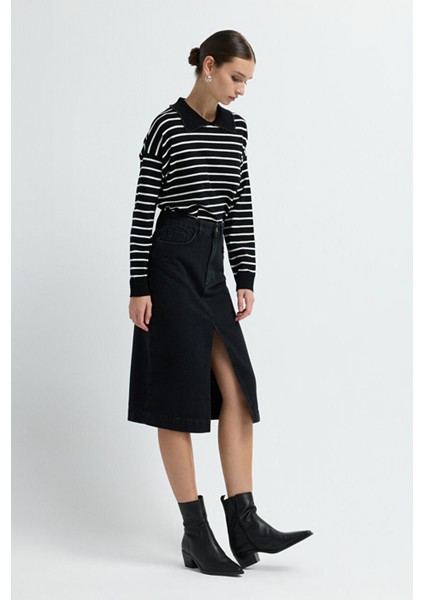 Önü Yırtmaçlı Denim Etek Siyah 12744445001 modelleri