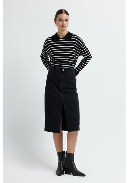 Önü Yırtmaçlı Denim Etek Siyah 12744445001 indirimleri