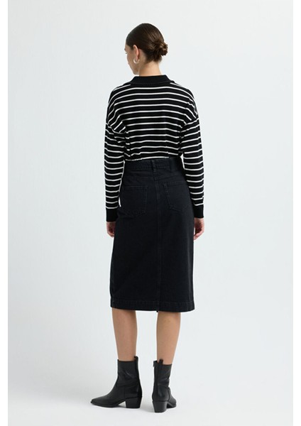 Önü Yırtmaçlı Denim Etek Siyah 12744445001