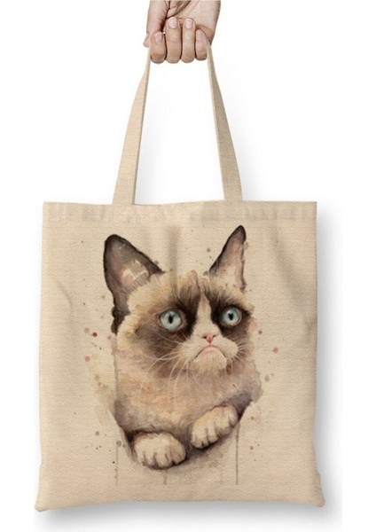 Grumpy Cat Kedi Beyaz Bez Çanta Uzun Saplı Alışveriş Çantası Plaj Çantası