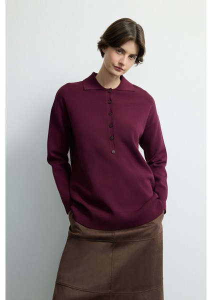 Düğmeli Triko Kazak Bordo 139M2277000