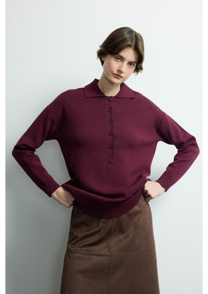 Düğmeli Triko Kazak Bordo 139M2277000 fırsatları