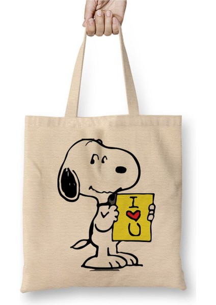 Summer Snoopy Beyaz Bez Çanta Uzun Saplı Alışveriş Çantası Plaj Çantası