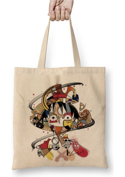 One Piece Hasır Şapkalı Luffy 005 Beyaz Bez Çanta Uzun Saplı Alışveriş Çantası Plaj Çantası