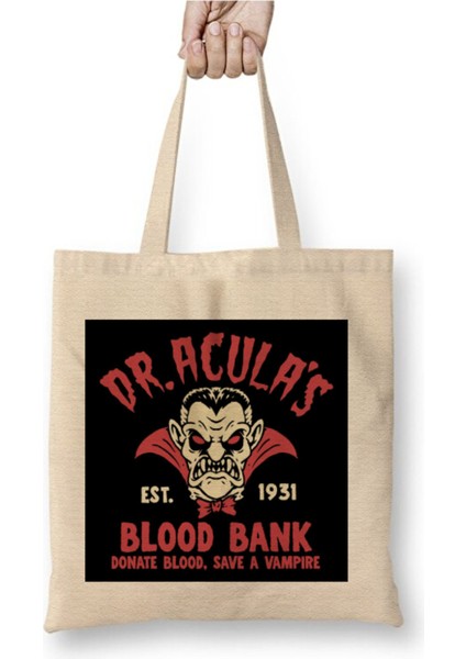 Kont Dracula Vampir Beyaz Bez Çanta Uzun Saplı Alışveriş Çantası Plaj Çantası