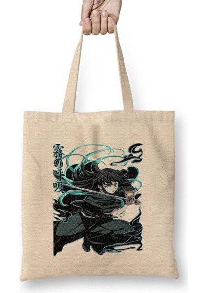 Tokito Muichiro Demon Slayer Beyaz Bez Çanta Uzun Saplı Alışveriş Çantası Plaj Çantası