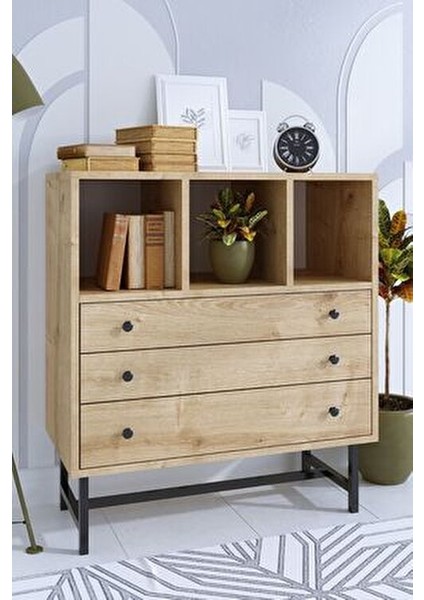 Carla Şifonyer Modern Tasarım Safir Meşe 80 cm Genişlik 85 cm Yükseklik 3 Çekmeceli
