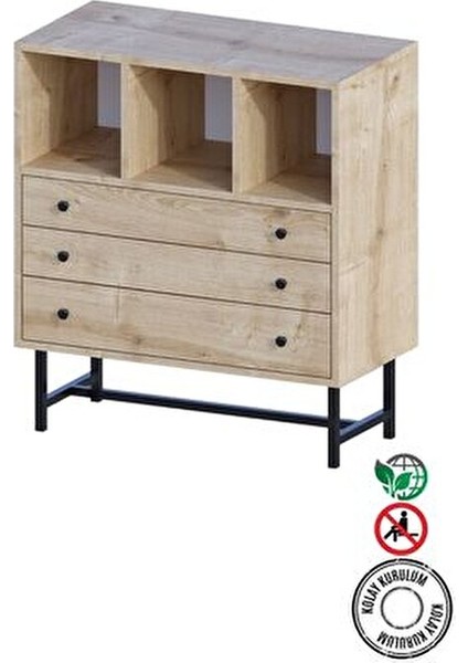 Carla Şifonyer Modern Tasarım Safir Meşe 80 cm Genişlik 85 cm Yükseklik 3 Çekmeceli