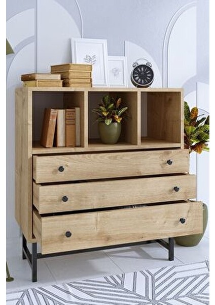 Carla Şifonyer Modern Tasarım Safir Meşe 80 cm Genişlik 85 cm Yükseklik 3 Çekmeceli