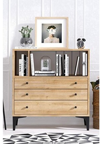 Nevada Şifonyer Modern Tasarım Safir Meşe 80 cm Genişlik 85 cm Yükseklik 3 Çekmeceli indirimleri