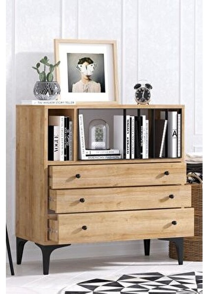 Nevada Şifonyer Modern Tasarım Safir Meşe 80 cm Genişlik 85 cm Yükseklik 3 Çekmeceli