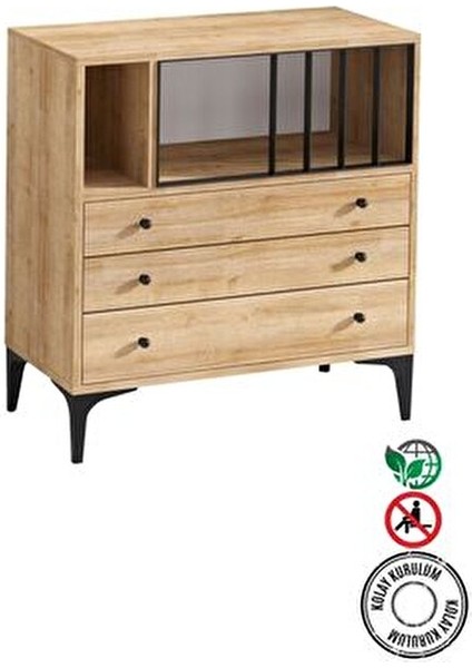 Nevada Şifonyer Modern Tasarım Safir Meşe 80 cm Genişlik 85 cm Yükseklik 3 Çekmeceli