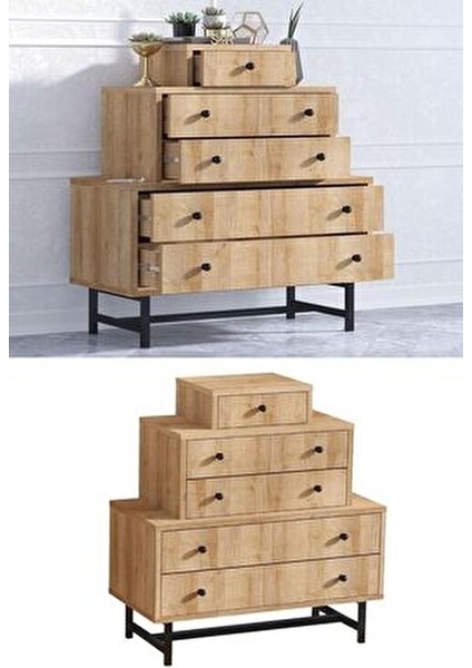 Tata Şifonyer Modern Tasarım 5 Çekmeceli Safir Meşe 80 cm Genişlik 85 cm Yükseklik