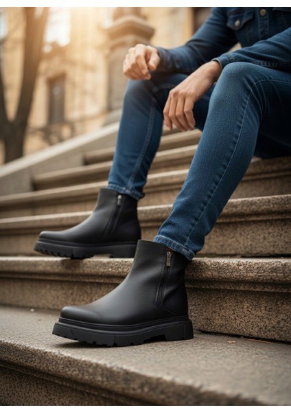 ET0777 Siyah Çift Fermuarlı Erkek Yarım Bilek Bot fiyatları