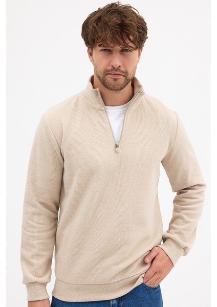 Erkek Bej Standart Fit Normal Kesim Pamuklu Yarım Fermuarlı Dik Yaka Pamuklu Sweatshirt