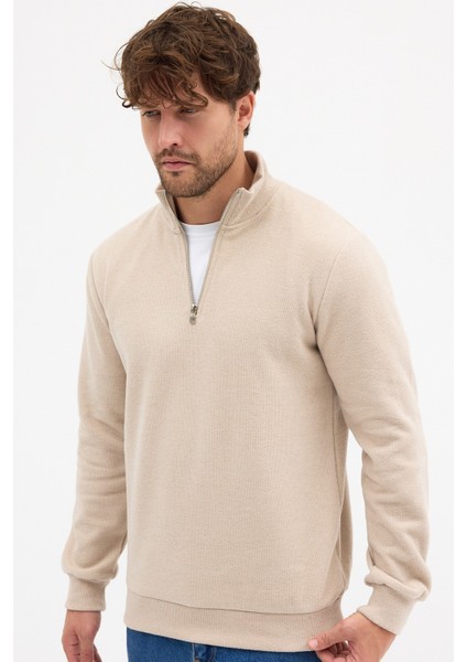 Erkek Bej Standart Fit Normal Kesim Pamuklu Yarım Fermuarlı Dik Yaka Pamuklu Sweatshirt fiyatları