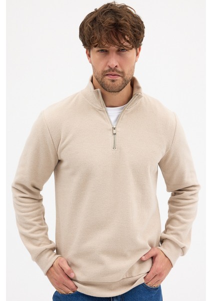 Erkek Bej Standart Fit Normal Kesim Pamuklu Yarım Fermuarlı Dik Yaka Pamuklu Sweatshirt modelleri