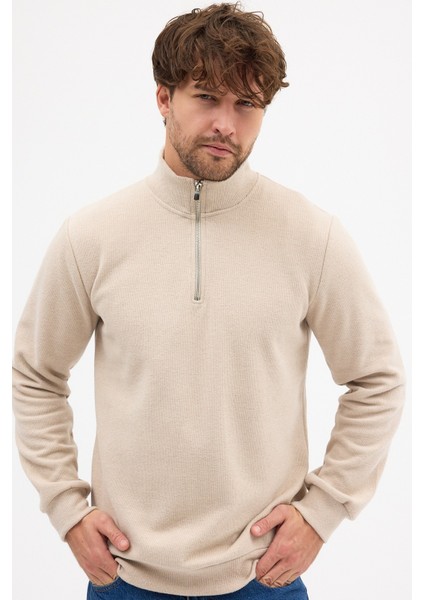 Erkek Bej Standart Fit Normal Kesim Pamuklu Yarım Fermuarlı Dik Yaka Pamuklu Sweatshirt indirimleri