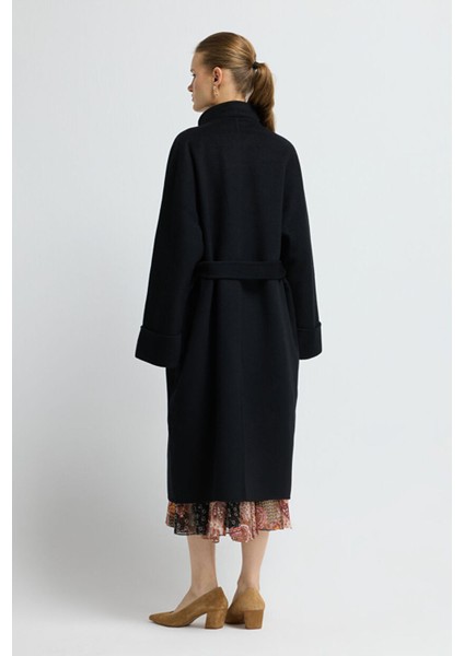 Kuşaklı Yün Karışımlı Kaban Siyah 13645489000