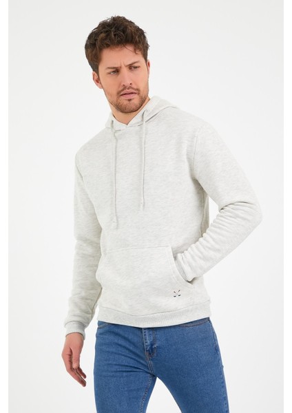 Erkek Kapüşonlu Kanguru Cep 3 İplik Sweatshirt Kar Melanj fırsatları