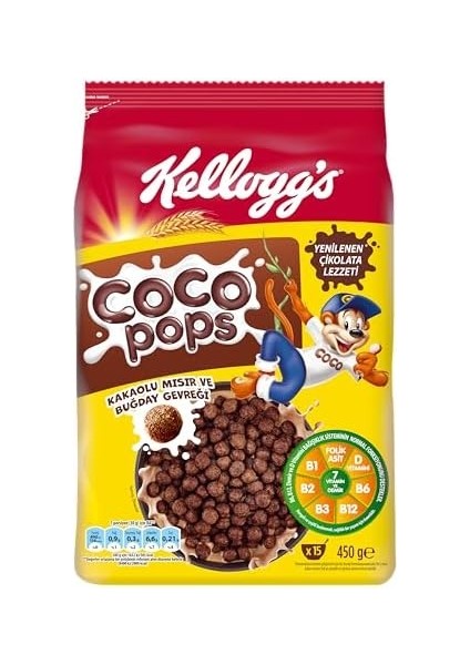 Kellogg&apos;s Coco Pops Çikolatalı Buğday ve Mısır Gevreği 450 gr x 12 Adet, Lif, Demir ve 6 Vitamin KAYNAĞI,%100 Pancar Şekeri, D Vitamini, Kalsiyum, Folik Asit ve Demir Içerir,%40 Kakao Içerir