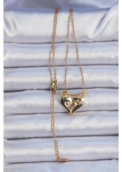 316L Çelik Zincir Altın Renk Zirkon Taşlı Mıknatıslı Kalp Kolye fiyatları