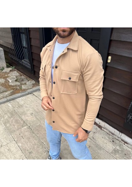Erkek Diagonal Kumaş Cepli Çıtçıtlı Uzun Kollu, Gömlek Oversize Rahat Kalıp Günlük Şık Stil - Bej modelleri
