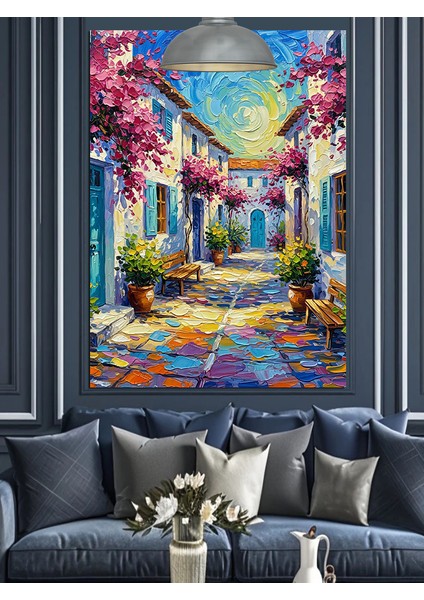 Renkli Çiçeklerle Süslü Dar Sokak Dekoratif Kanvas - Mdf Ahşap Tablo