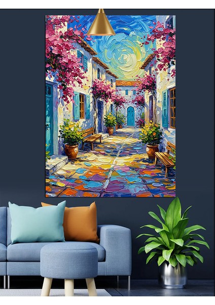 Renkli Çiçeklerle Süslü Dar Sokak Dekoratif Kanvas - Mdf Ahşap Tablo modelleri