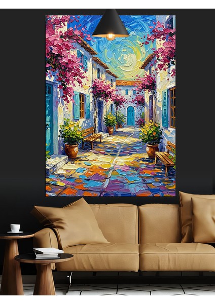 Renkli Çiçeklerle Süslü Dar Sokak Dekoratif Kanvas - Mdf Ahşap Tablo fırsatları